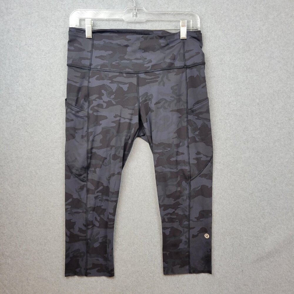 Lululemon Pants Womens 10 Black Camo Fast free Crop Pocket Leggings Yoga Gym
